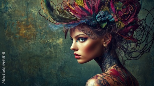 Young woman muse with creative body art and hairdo