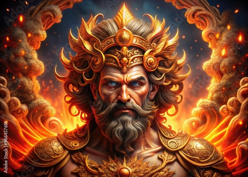 Mystical ancient Greek god of war backdrop, with bold, fiery red and orange hues, ornate golden accents, and intricate mythological patterns on a dark background.