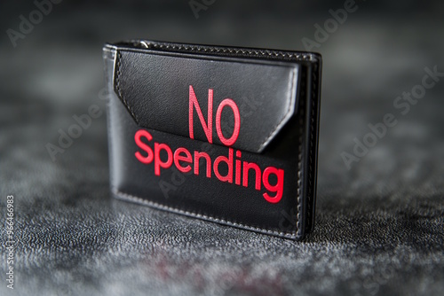 A black wallet with the red message "No Spending" on a grey surface, symbolizing financial discipline, minimalism, and a conscious approach to money management