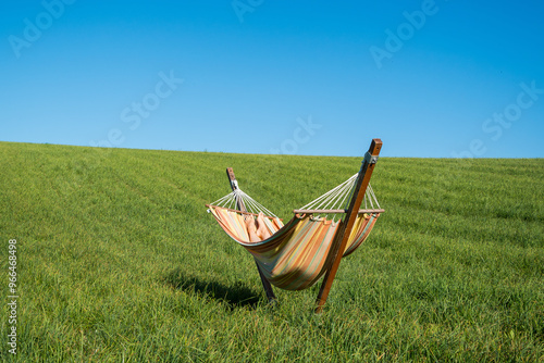 un hamac avec une personne qui dort dedans au milieu d'un grand pré vert