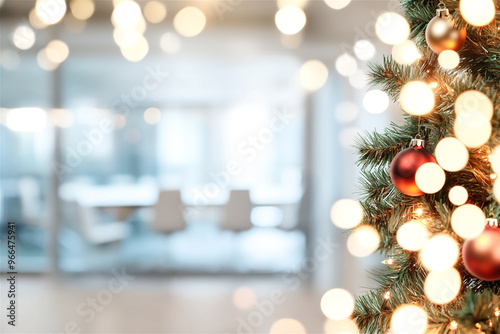 Close-up of a christmas tree decorated with red baubles and fairy lights, creating a festive atmosphere in a blurred office environment