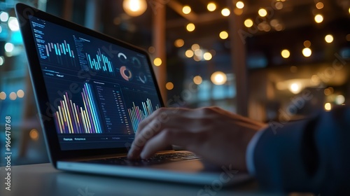 A person is typing on a laptop with a screen displaying graphs and charts