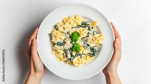 A person is holding a plate of pasta with a lot of green leaves on top