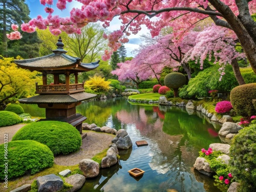 Vibrant pink cherry blossoms bloom amidst lush green foliage in a serene Asian-inspired garden, surrounded by tranquil water features and intricately carved stone lanterns.