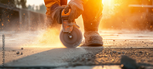 A construction worker using a circular saw to cut concrete, producing sparks and dust as the sun sets in the background. 