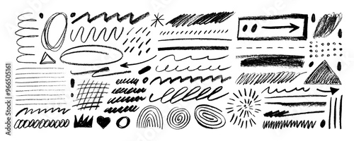 Doodle crayon drawing, black chalk smears, squiggles and underlines. Scribble rough strokes vector set. Wavy lines, highlighters, spiral and rainbow, grid and geometric shapes. Thin charcoal doodles.