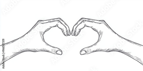 This illustration is of hands folded in the shape of a heart. The fingers resemble the heart. Continuous one line drawing.