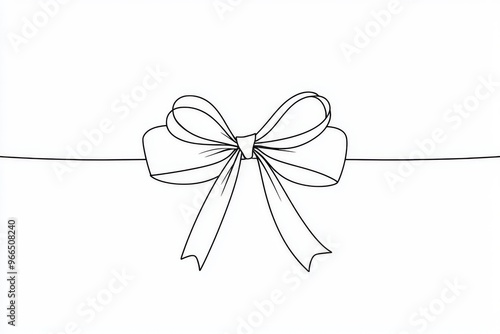 Drawing of gift ribbon bow in continuous line art style. Black linear sketch isolated on white background.