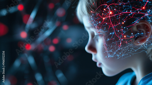 A childâs head with transparent layers showing an active, colorful network of neural connections, symbolizing brain activity during early learning experiences.