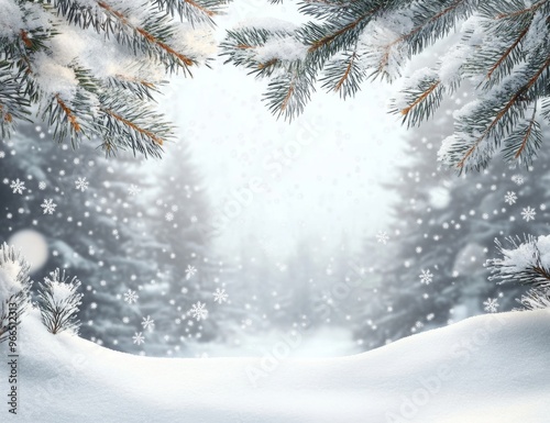 Snowfall in winter forest.Beautiful landscape with snow covered fir trees and snowdrifts.Merry Christmas and happy New Year greeting background with copy-space.Winter fairytale.