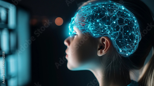 A childâs brain highlighted by glowing neural connections, with each pathway representing different aspects of learning and mental growth.