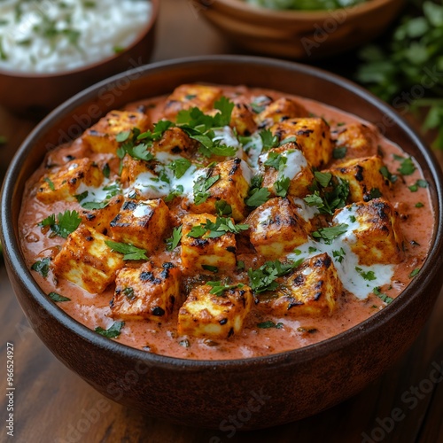 Aromatic paneer tikka masala served fluffy jeera rice garnished with coriander and fresh cream