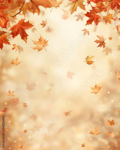 Fall season invitation with vibrant leaves bokeh background and copy space for text. Concept of nature, festivity, and creativity.