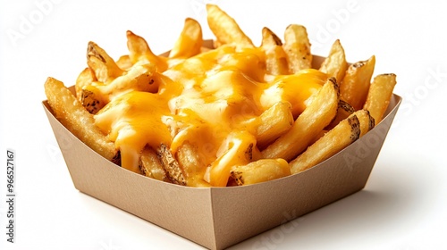 French fries topped with melted cheese in cardboard container