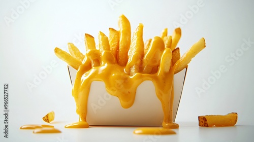 French fries covered with melted cheese dripping in a white cardboard container