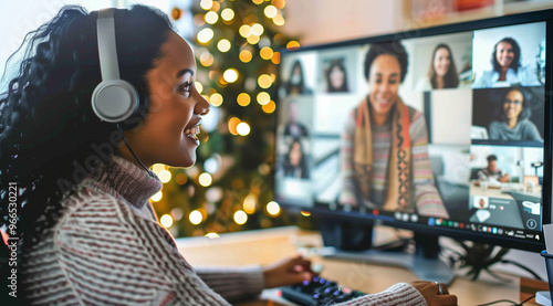 Happy african American woman working remotely on a virtual video team meeting call, remote work and flexible culture concept. Inclusive and diverse workplace. DEI remote working. AI generated 