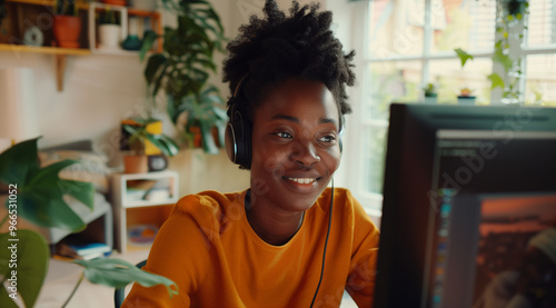 Happy african American woman working remotely on a virtual video team meeting call, remote work and flexible culture concept. Inclusive and diverse workplace. DEI remote working. AI generated 