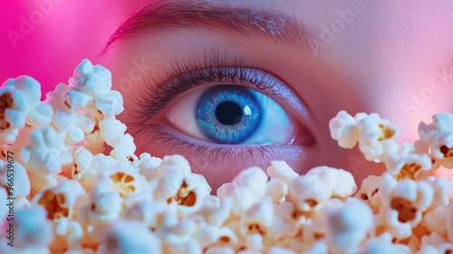 Primer plano de un ojo femenino azul que mira entre palomitas de maíz. Fondo rosa con estilo cinematográfico, intrigante y único