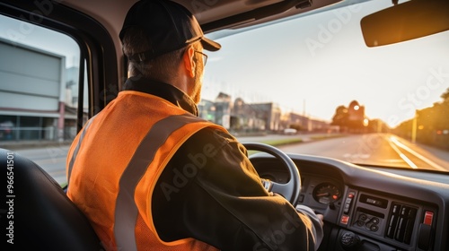 A man in a safety vest drives a car on a sunny day. He is focused on the road ahead. The sun is shining through the windshield, creating a warm glow.