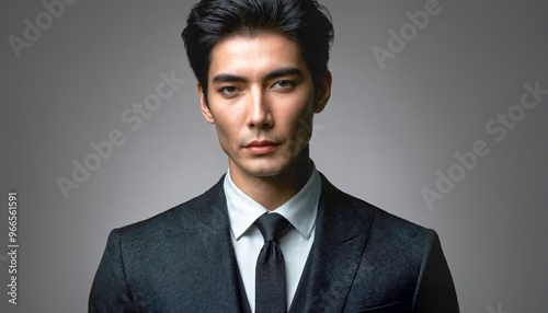 A sharp portrait of a serious-looking asian man in a black suit and tie. His sleek, well-groomed hair complements his defined facial features.