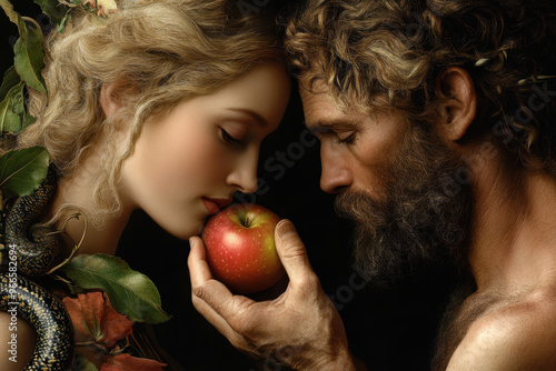 Adam and Eve in the Garden of Eden. AI generative.