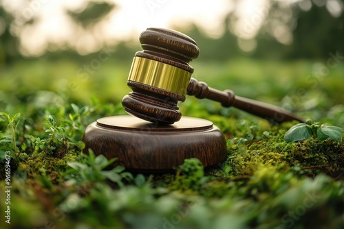 conceptual image of a giant wooden gavel resting on a lush green earth symbolizing global environmental law and justice