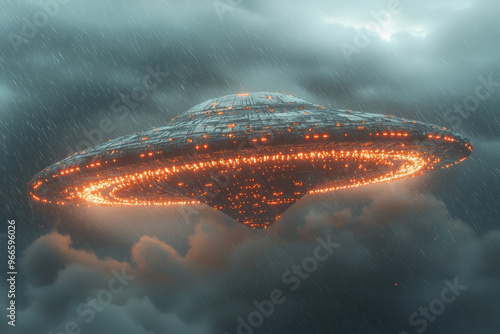 A strange, angular object with bright red lights, moving erratically across a stormy sky. Concept of unidentified aerial phenomena and extreme weather conditions.