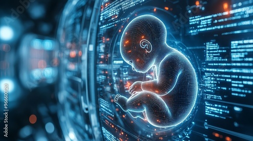 Futuristic image of human embryo surrounded by digital data, symbolizing advanced technology in genetic engineering and bioinformatics.