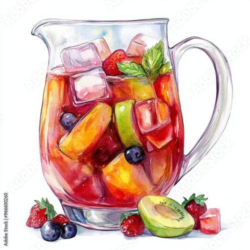 Colorful watercolor illustration of a sangria pitcher clipart, isolate on white, with fruits and ice cubes