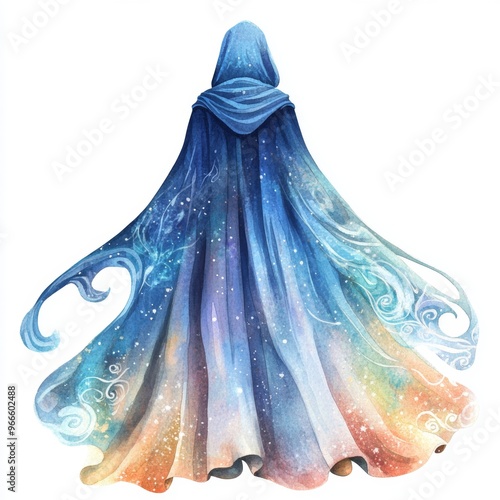 Ethereal watercolor illustration of a fairy-tale inspired cloak clipart, isolate on white, with magical swirls and stars