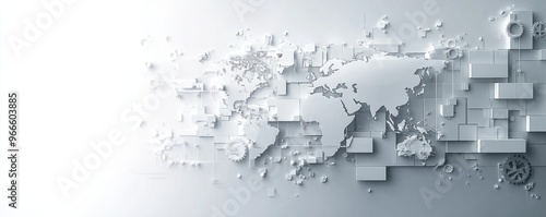 Abstract world map background with white color blocks and gears symbolizing global networks and technology