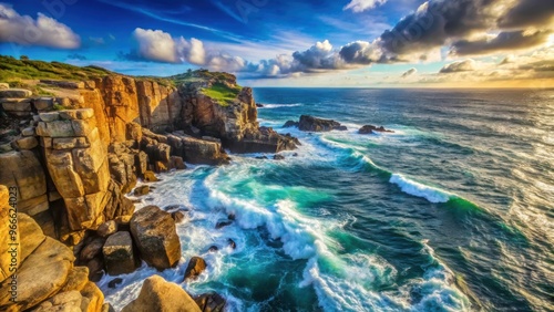 Rocky cliff juts into vast body of water, waves crashing against rocks, coastline battered by the sea, cliff, rocks, ocean