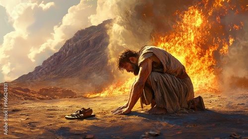 A man kneels before a burning bush in a desert landscape, symbolizing spiritual encounter or divine revelation.