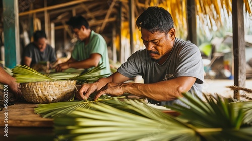 Traditional artisans crafting with palm leaves, showcasing detailed manual labor and cultural heritage in a rustic setting.