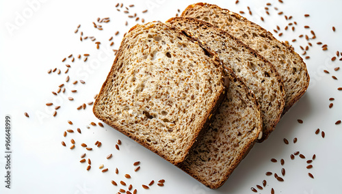 Freshly sliced whole grain bread with flaxseeds arranged beautifully on a white background, perfect for healthy meals.