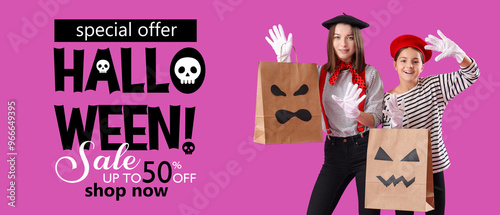 Little girl with her mother dressed for Halloween as mimes with gift bags on purple background