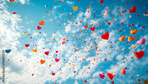 A vibrant sky adorned with colorful heart-shaped balloons, creating a joyful and romantic atmosphere against a bright backdrop.