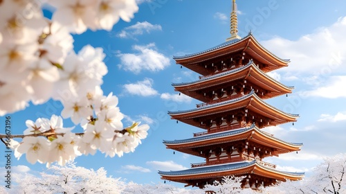 A stunning pagoda surrounded by cherry blossoms under a bright blue sky, symbolizing tranquility and beauty in nature.