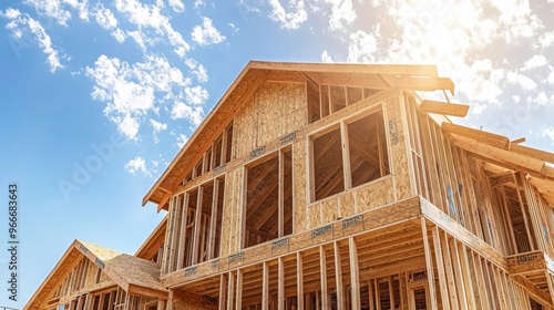 Wooden frame structure of a new residential home under construction against a cloudy blue sky