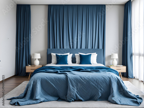 Large bed with blue blanket in stylish room interior