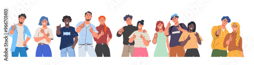 Set of people pointing fingers. Happy men and women showing at you and gesturing. Smiling characters make choices and point to what they want. Flat vector illustration isolated on white background