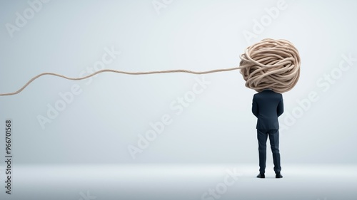 A man is standing in front of a wall with a large ball of yarn