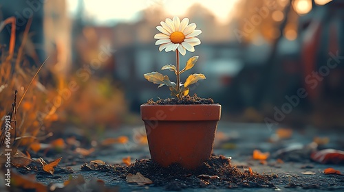 A single white daisy blooms in a terracotta pot on a path strewn with fallen leaves, bathed in the warm glow of the setting sun.