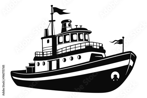 Tugboat silhouette illustration on black and white