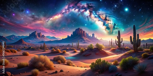 Enchanting neon desert landscape under starry sky, a dreamy and magical scene perfect for fantasy and wanderlust concepts