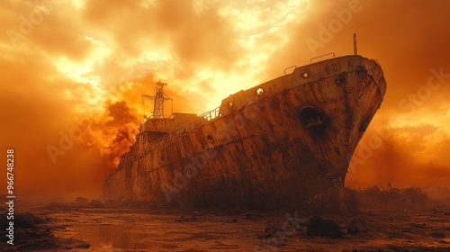 Sunken Ship in a Fiery Sky