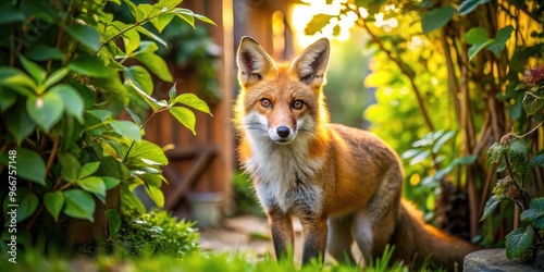 A curious, rusty-red domestic fox with a bushy tail and piercing yellow eyes explores a cozy, sun-drenched backyard, surrounded by lush greenery.