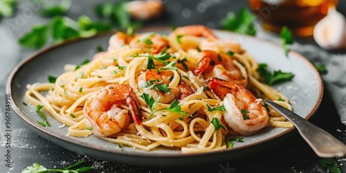 Baked Shrimp Scampi Linguine Pasta Garnished with Fresh Parsley on a Plate Side View