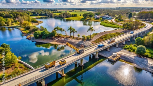 Aerial view of a newly built concrete bridge spanning a serene lake, with heavy machinery and construction equipment on the adjacent roadways, Florida-style landscaping.