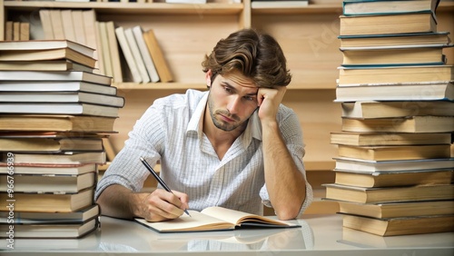 A frustrated young adult sits at a desk, surrounded by stacks of books, with a puzzled expression, holding a pen and staring at a blank paper.